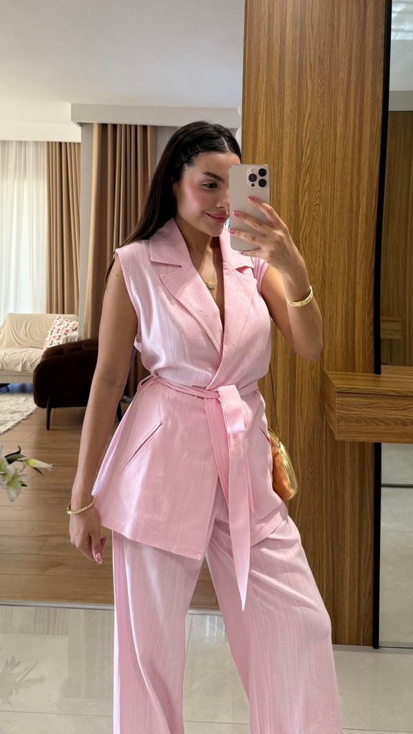 Olivina Pembe Kemerli Premium Keten Takım