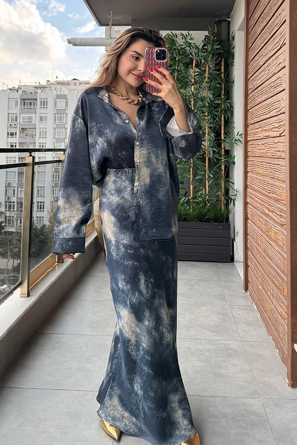 Olya Batik Desenli Gömlek Etek Takım - Lacivert