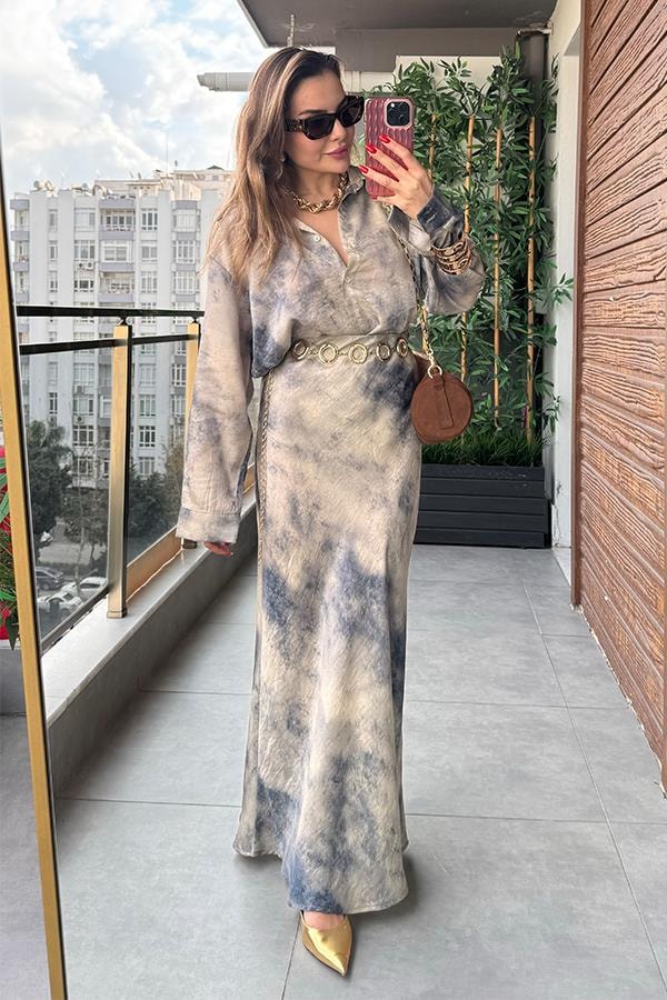 Olya Batik Desenli Gömlek Etek Takım - Taş