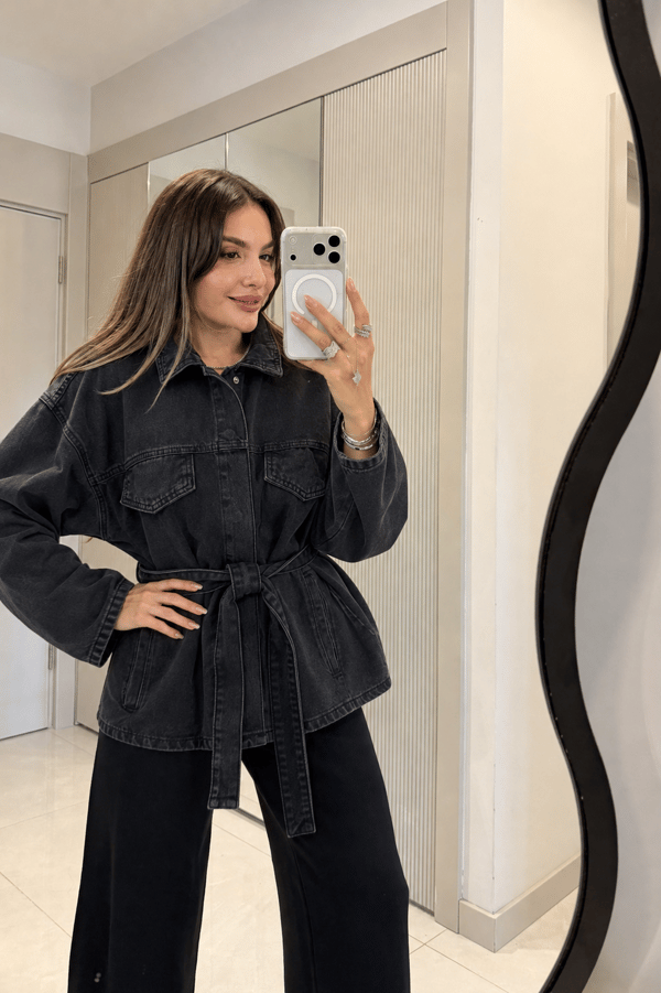 Omira Siyah Denim Kuşaklı Ceket