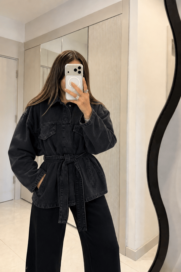 Omira Siyah Denim Kuşaklı Ceket