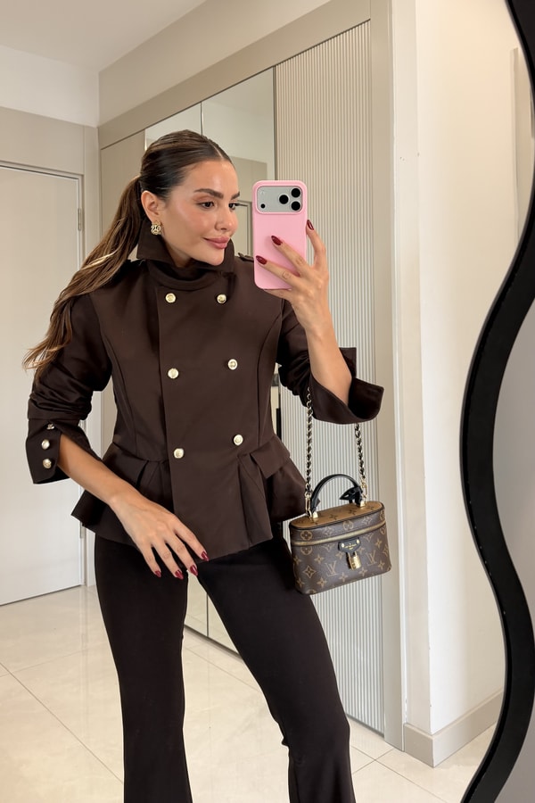 Ophelia Kahve Gold Düğmeli Peplum Blazer Ceket