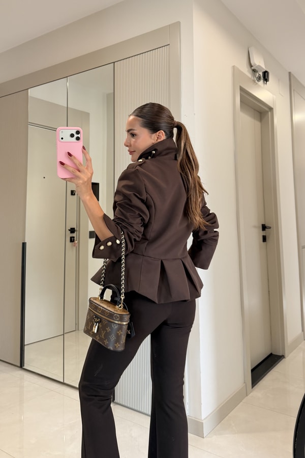 Ophelia Kahve Gold Düğmeli Peplum Blazer Ceket