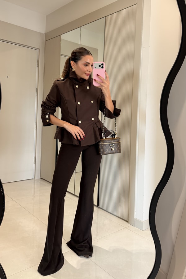 Ophelia Kahve Gold Düğmeli Peplum Blazer Ceket