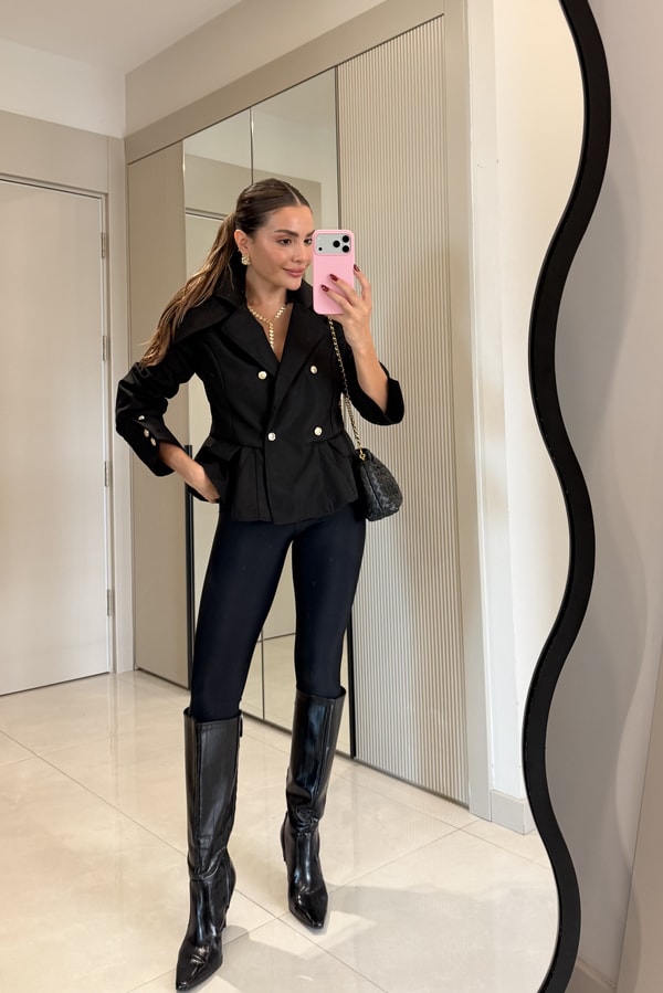 Ophelia Siyah Gold Düğmeli Peplum Blazer Ceket