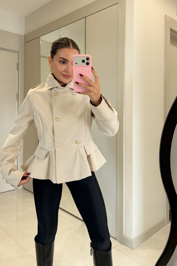 Ophelia Taş Gold Düğmeli Peplum Blazer Ceket