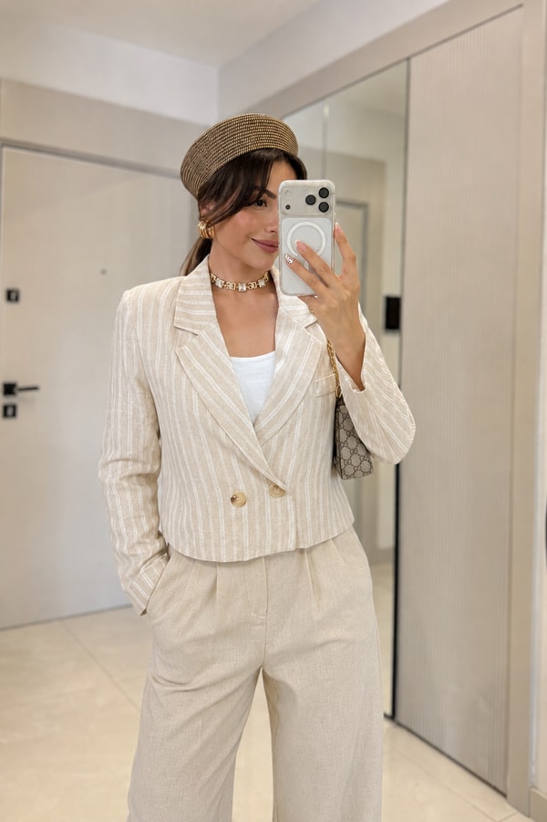 Option Çizgili Keten Blazer Ceket