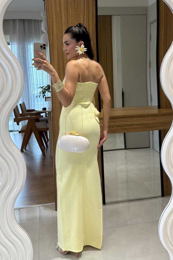 Orselle Sarı Gül Detaylı Straplez Elbise