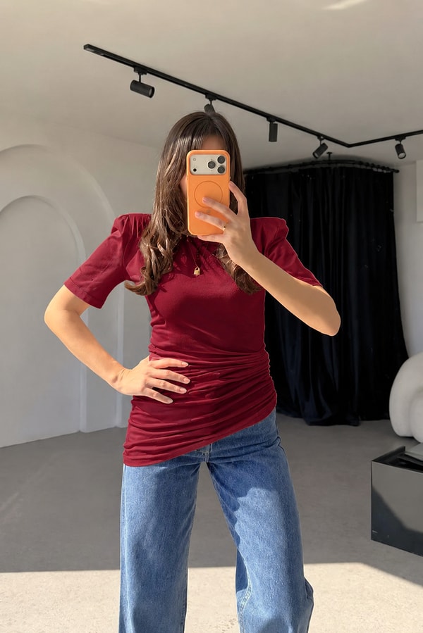 Oswald Bordo Vatkalı Yandan Büzgülü Tshirt