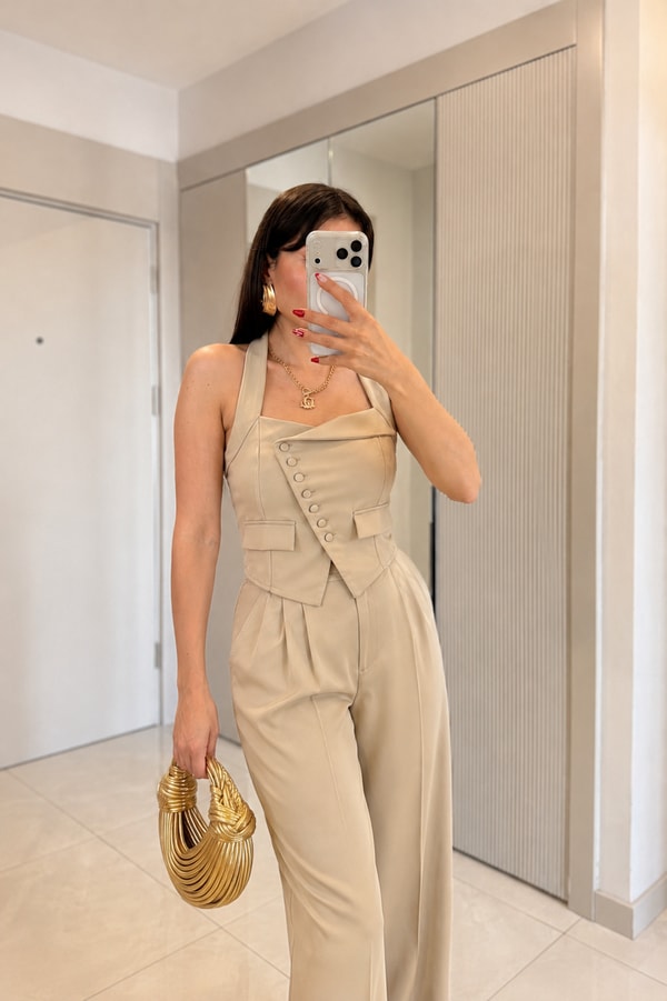 Ottilie Bej Palazzo Premium Kumaş Pantolon
