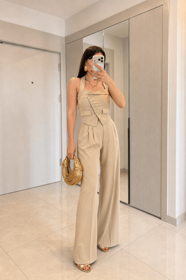 Ottilie Bej Palazzo Premium Kumaş Pantolon
