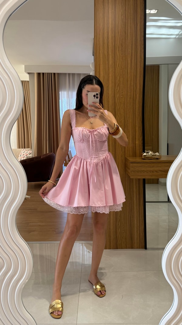 Oxana Pembe Dantel Korsel Etkili Elbise