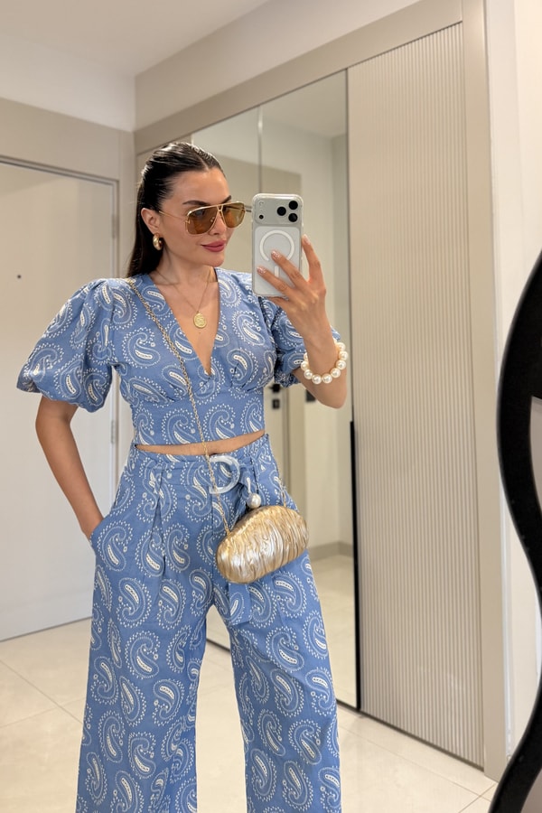 Paisley İndigo V Yaka Balon Kol Bluz