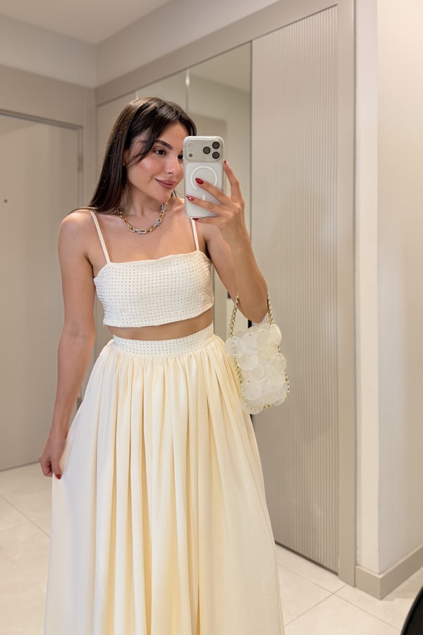 Pamela Bej Taşlı Crop Etek Takım