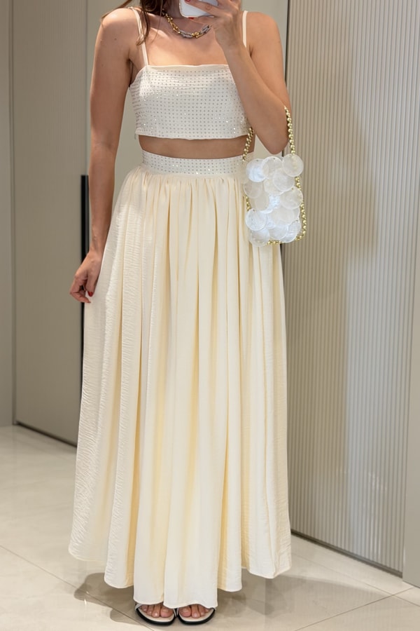 Pamela Bej Taşlı Crop Etek Takım
