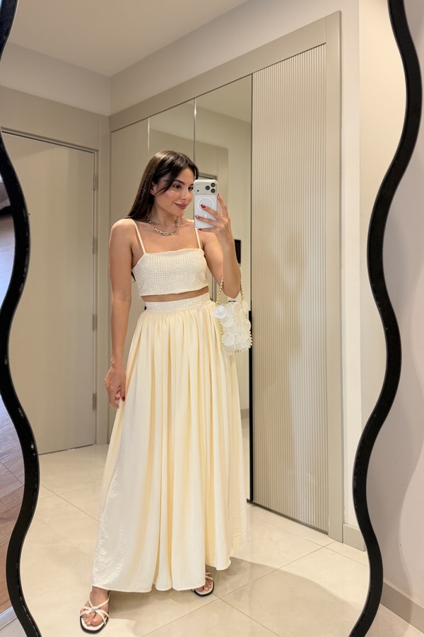 Pamela Bej Taşlı Crop Etek Takım