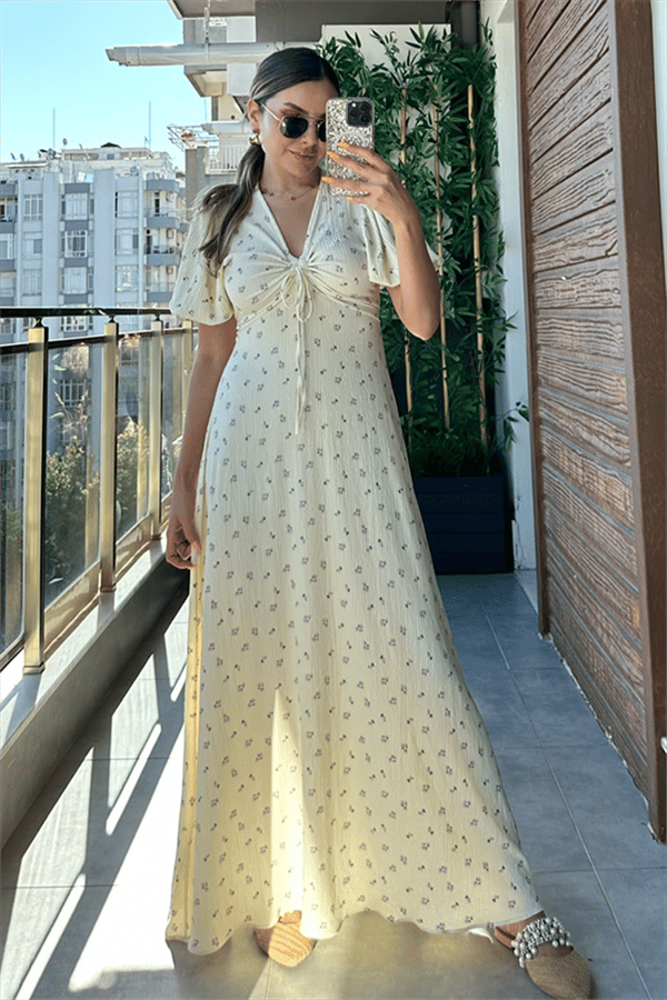 Papaya sarı çiçekli çıtır elbise