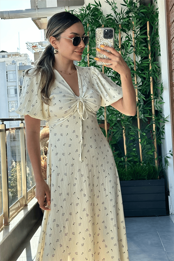 Papaya sarı çiçekli çıtır elbise