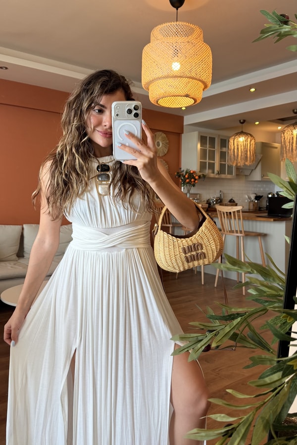 Patriks Ekru Drape Detaylı Yırtmaçlı Elbise