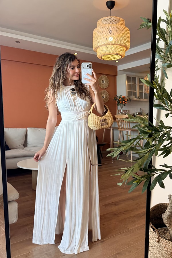Patriks Ekru Drape Detaylı Yırtmaçlı Elbise