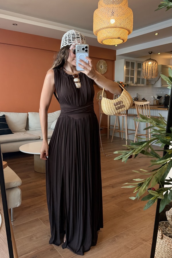 Patriks Kahve Drape Detaylı Yırtmaçlı Elbise