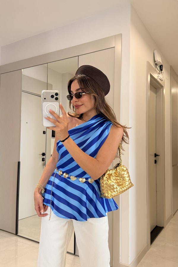 Pearl Mavi Tek Omuz Bluz