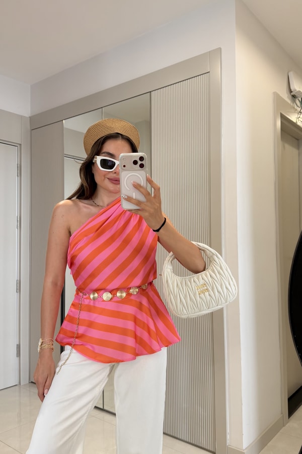 Pearl Turuncu Tek Omuz Bluz