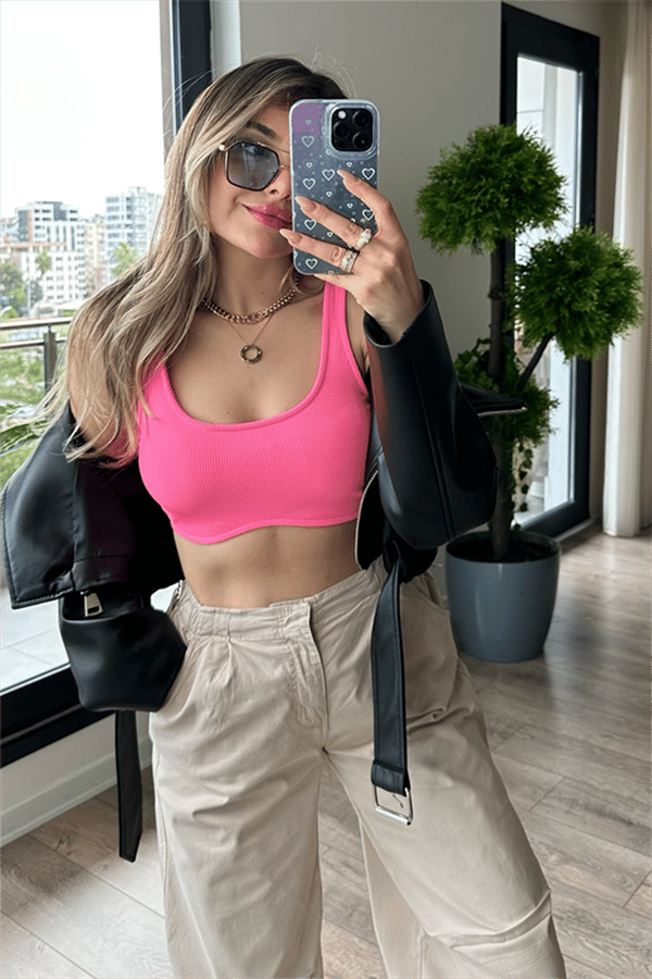 Pembe kalın askılı mini basic crop top