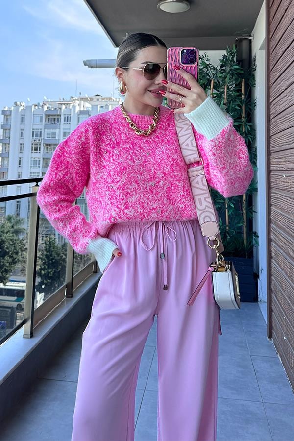 Pena Taş İşlemeli Pembe Kazak 