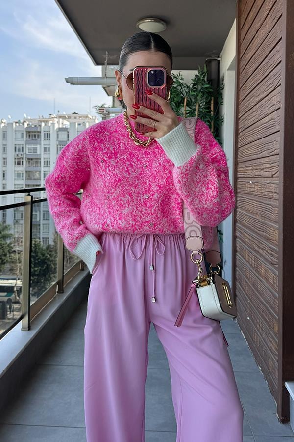 Pena Taş İşlemeli Pembe Kazak 