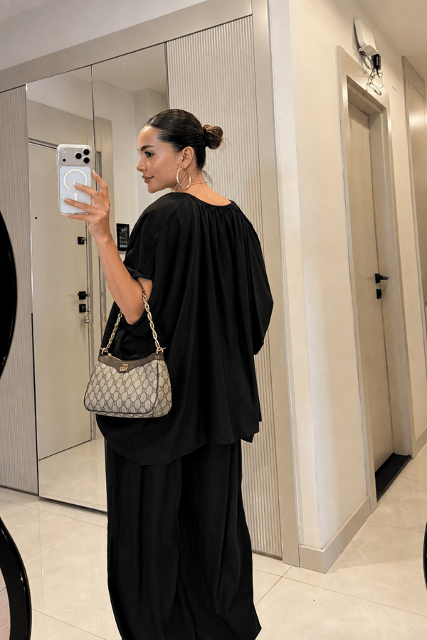 Perie Siyah Şalvar Dökümlü Bluz Takım