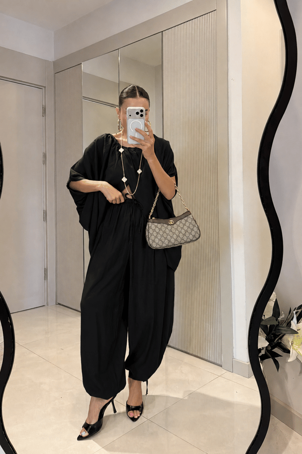 Perie Siyah Şalvar Dökümlü Bluz Takım