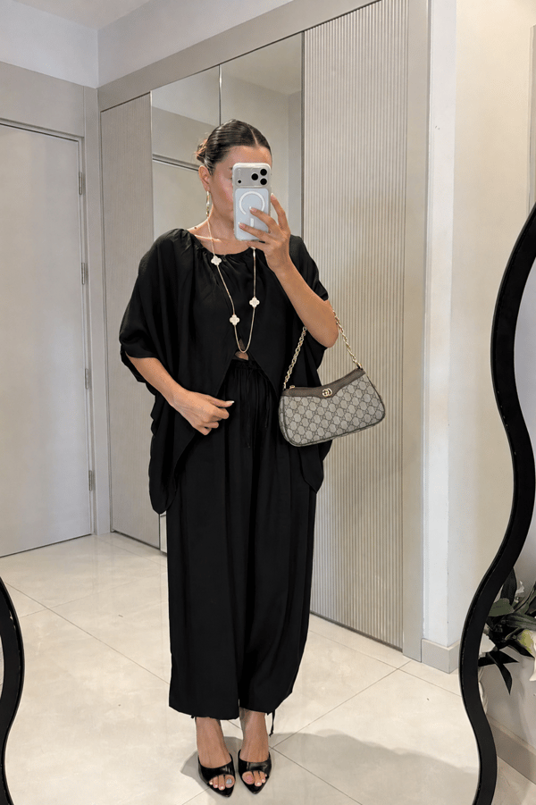 Perie Siyah Şalvar Dökümlü Bluz Takım