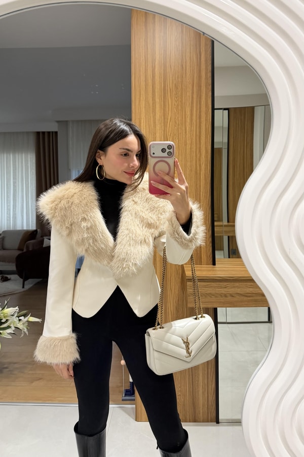 Perla Krem Kürklü Deri Ceket