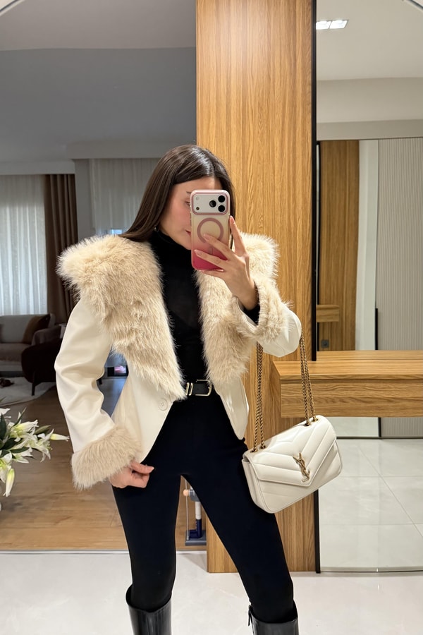 Perla Krem Kürklü Deri Ceket