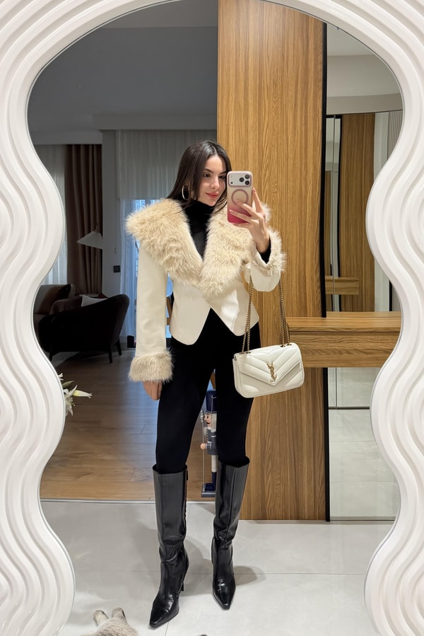 Perla Krem Kürklü Deri Ceket