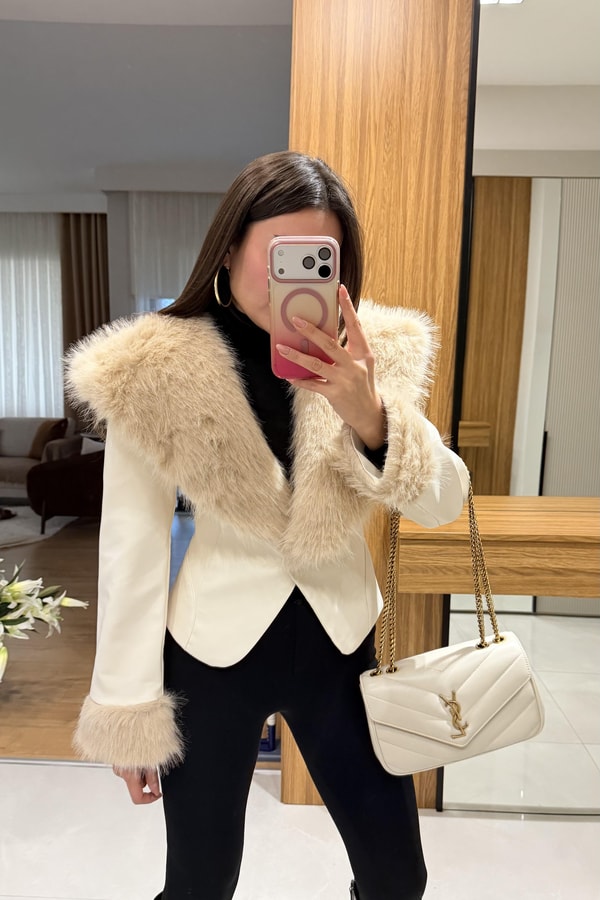 Perla Krem Kürklü Deri Ceket
