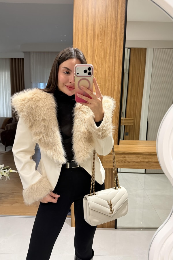 Perla Krem Kürklü Deri Ceket