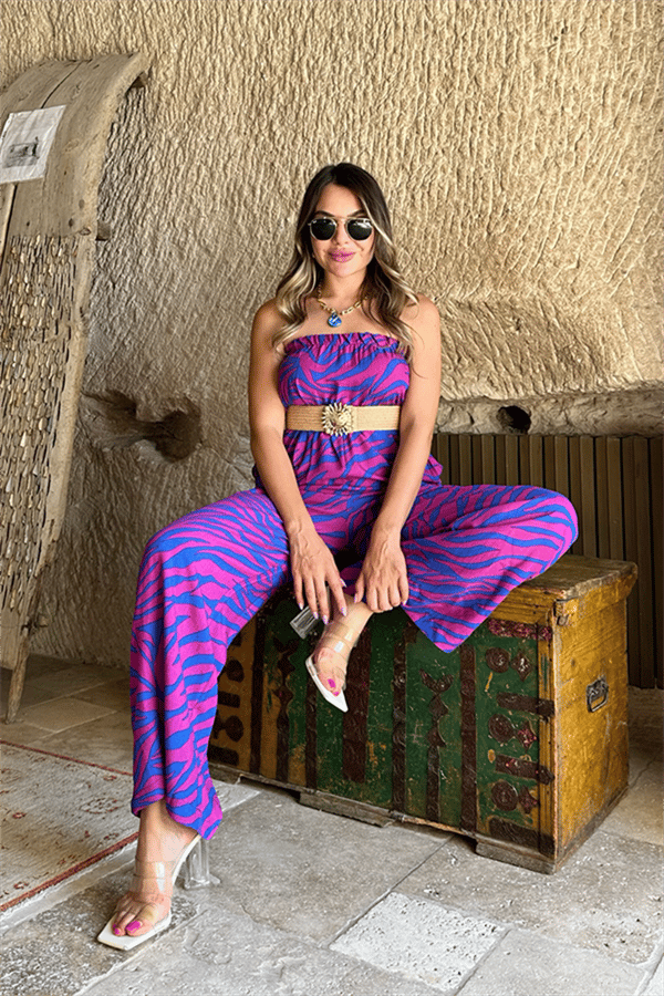 Petunya mavi mor geçişli straplez tulum