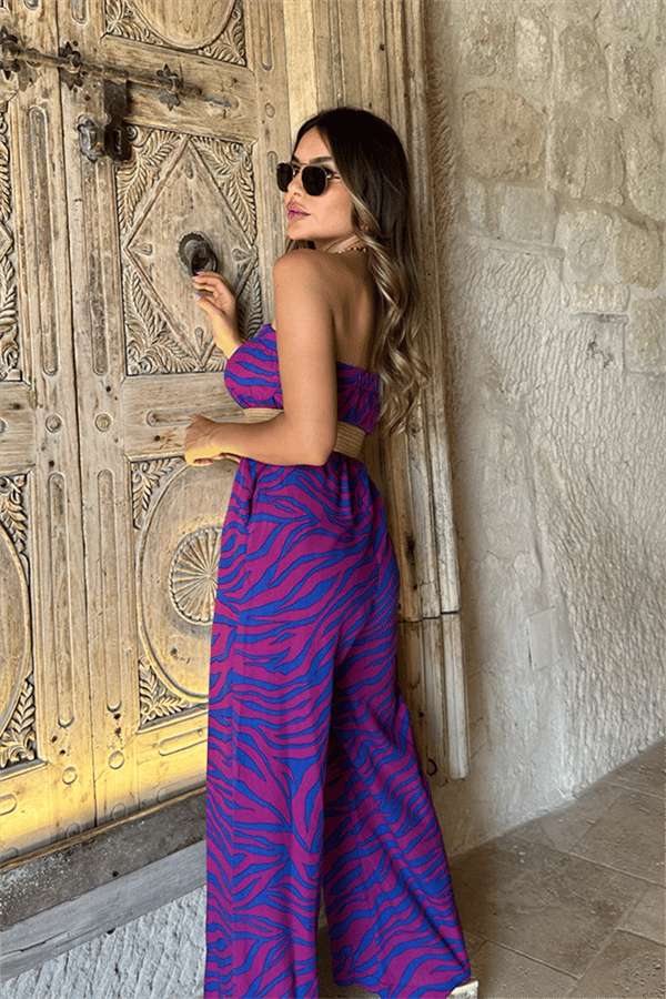 Petunya mavi mor geçişli straplez tulum