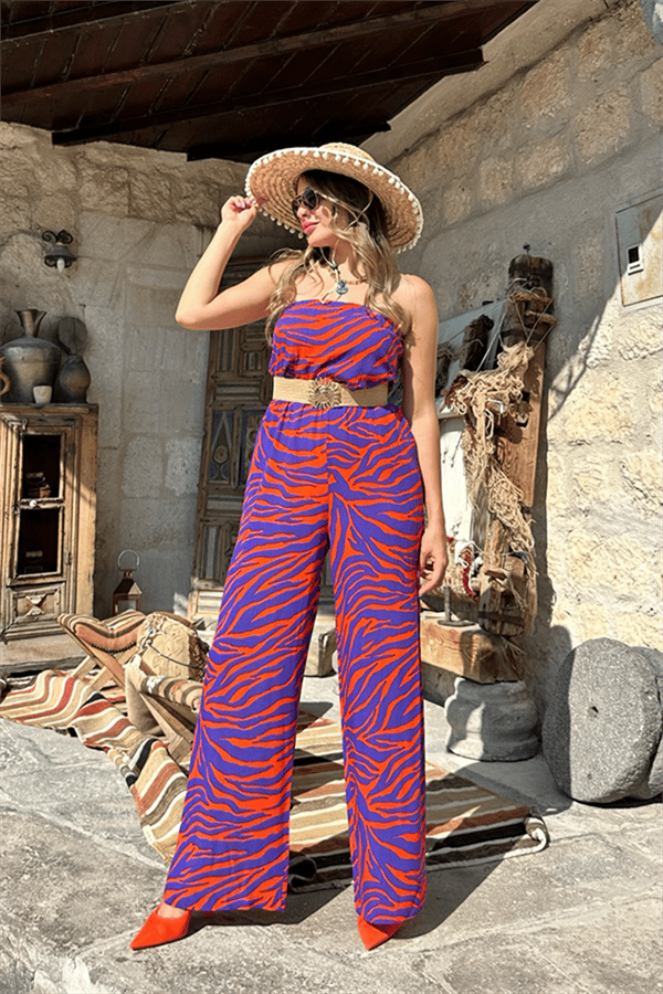Petunya turuncu mor geçişli straplez tulum