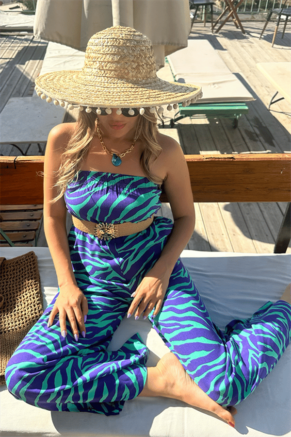 Petunya yeşil mor geçişli straplez tulum