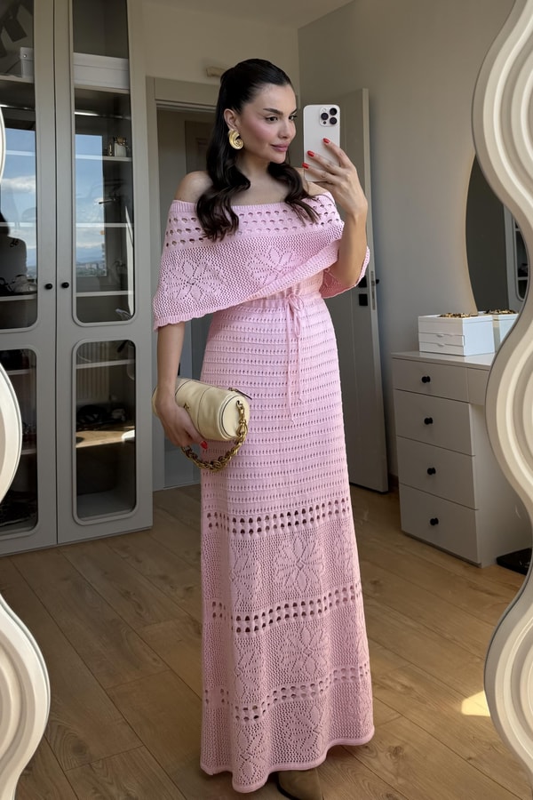 Piers Toz Pembe Madonna Yaka Triko Elbise 
