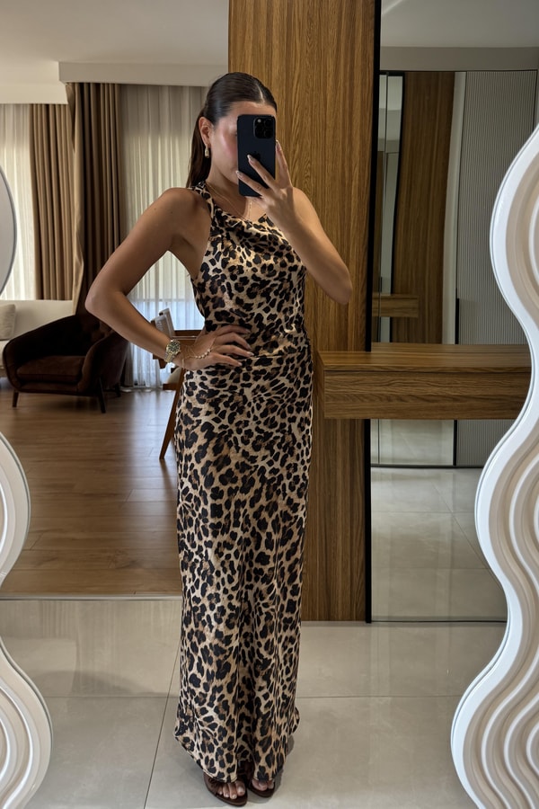 Pieta Leopar Saten Maxi Elbise