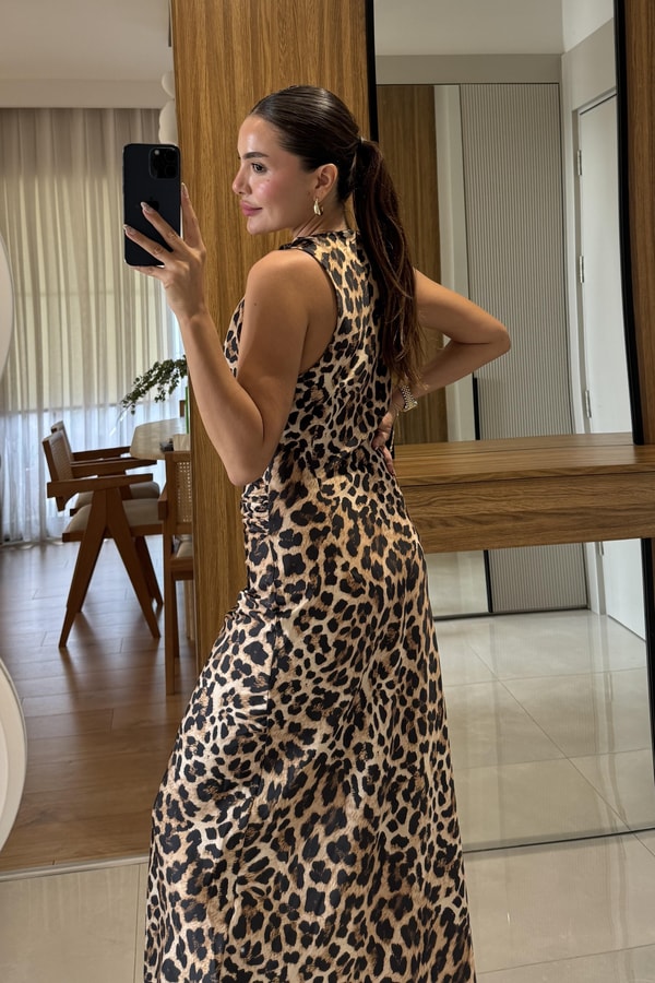 Pieta Leopar Saten Maxi Elbise