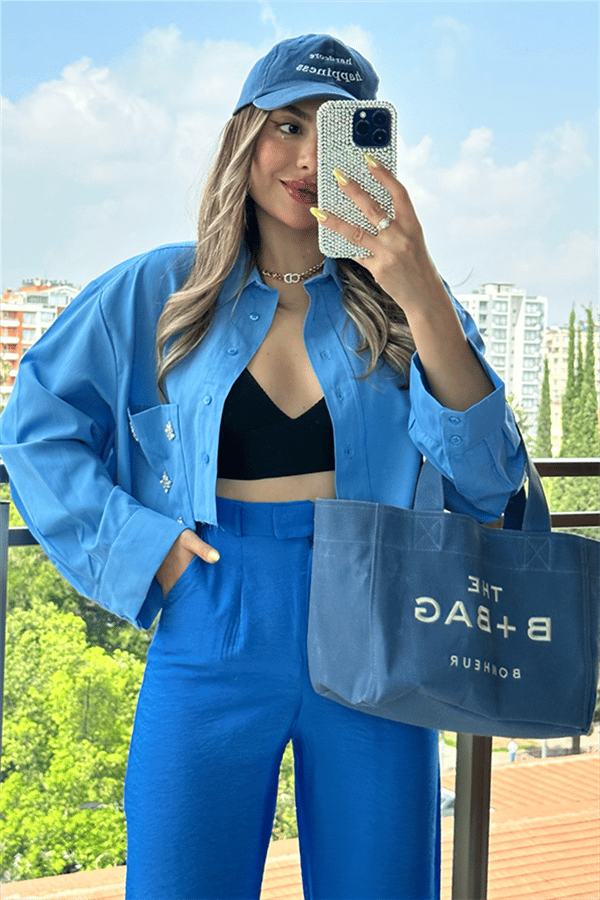 Pinky cebi taşlı mavi mini gömlek 