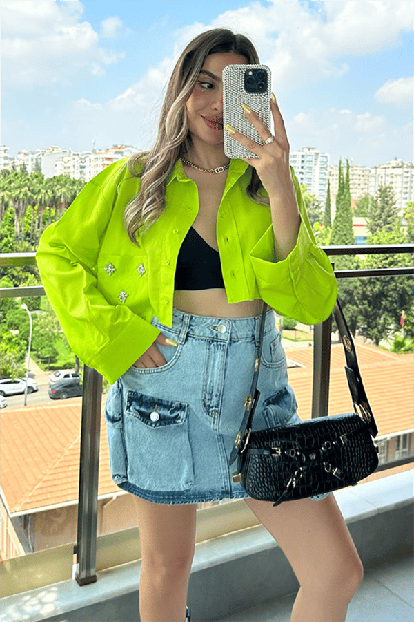 Pinky cebi taşlı neon yeşil mini gömlek 