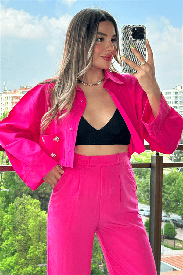 Pinky cebi taşlı pembe mini gömlek 