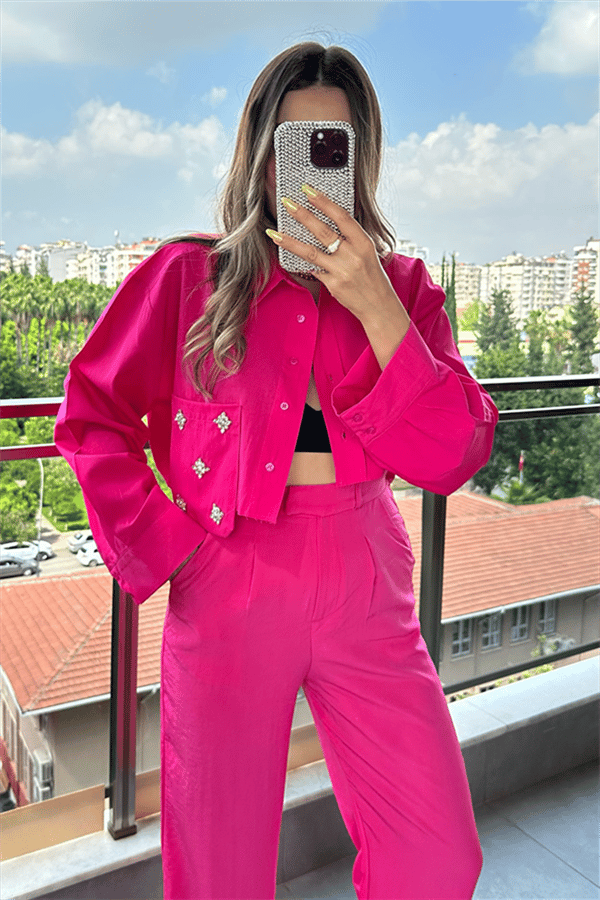 Pinky cebi taşlı pembe mini gömlek 