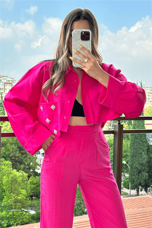 Pinky cebi taşlı pembe mini gömlek 